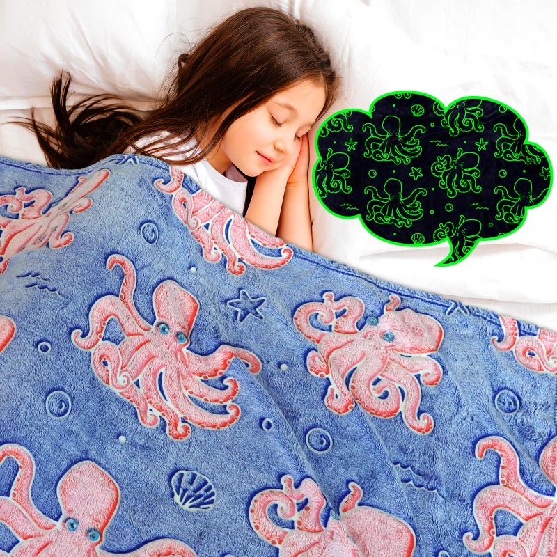 GEULAY Octopus Blanket Glow in The Dark Ocean Blanket Soft Pink Octopus Gifts Toys Decor Blue Fleece Kids Throw for Boys Girls Teens Birthday - Image 2
